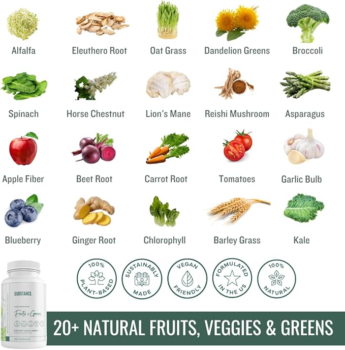SUBSTANCE. - Nature's Sustenance Daily Greens, Daily Fruit and Veggies Supplement - Enhance Energy, Mental Clarity - Fruits and Vegetables Supplements - US Made, Vegan-Friendly - 30 Servings.