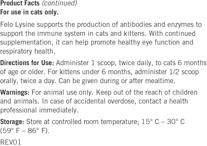 FELO LYSINE - L-Lysine Powder for Cats 300 mg (Thomas Pet Earlier), 1 Kg or 2.2 lb