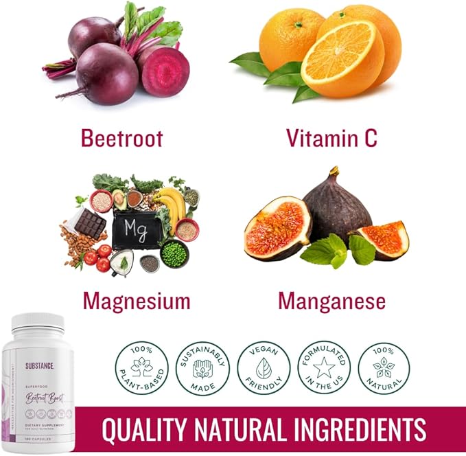 SUBSTANCE. Beetroot Boost Capsules - 4500mg per Serving, 30 Days Beet Root Capsules Supply – Beets Supplement with Vitamin-C & Manganese – Natural Nitric Oxide & Energy Booster Beet Root Powder – USA