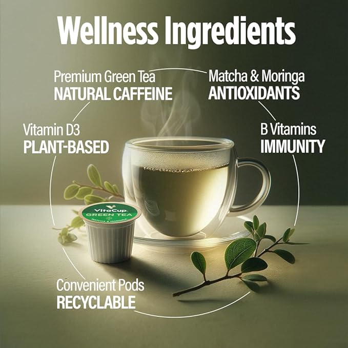 VitaCup Green Tea Pods, Enhance Energy & Detox with Matcha, Moringa, B Vitamins, D3, Keto, Paleo, Vegan, Recyclable Single Serve Pod, Compatible with Keurig K-Cup Brewers,64 Ct