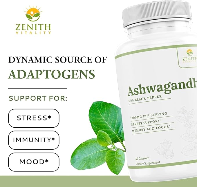 Ashwagandha 1300mg w/Black Pepper Extract, Stress & Coritsol Support, Immune Support Supplement, 60 ct