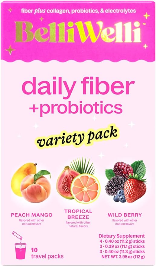 Fiber Supplement, Probiotics Fiber Powder Travel Pack for Women with Collagen & Electrolytes for Daily Gut Health & Debloating, Variety Pack, 10 Packets