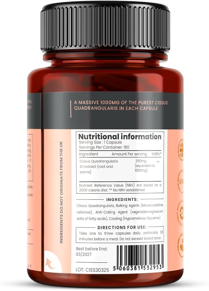pureclinica Double Strength Cissus Quadrangularis 1000mg x 1080 Veggie Capsules(6 Bottles of 180)