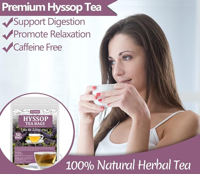 Premium 50 Hyssop Tea Bags, Made with Natural Hyssop Flowers, Support Digestion & Promote Relaxation, No Artificial Flavors & Caffeine Free.