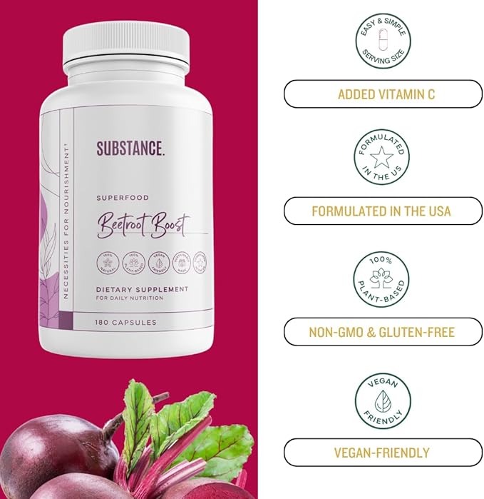 SUBSTANCE. Beetroot Boost Capsules - 4500mg per Serving, 30 Days Beet Root Capsules Supply – Beets Supplement with Vitamin-C & Manganese – Natural Nitric Oxide & Energy Booster Beet Root Powder – USA
