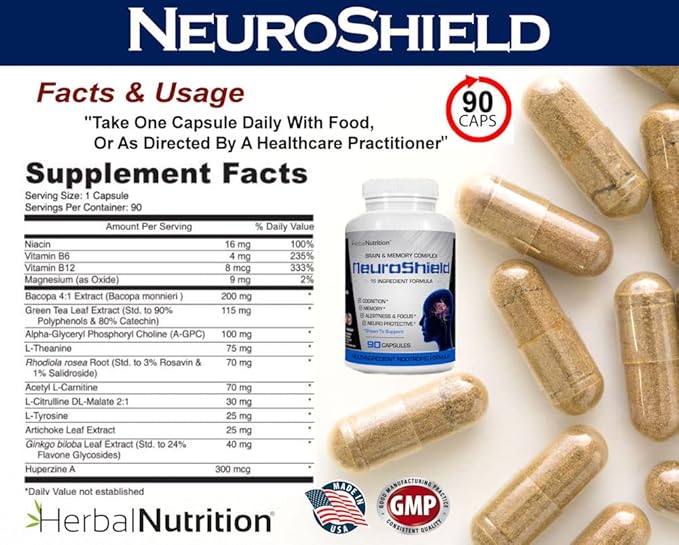 NeuroShield, Brain Supplement a Nootropic Brain Booster and Memory Supplement, Contains Huperzine A, Ginko Biloba, Bacopa Plus Antioxidants for Brain Health, Multi-Ingredients, 1 Bottle, 90 Capsules