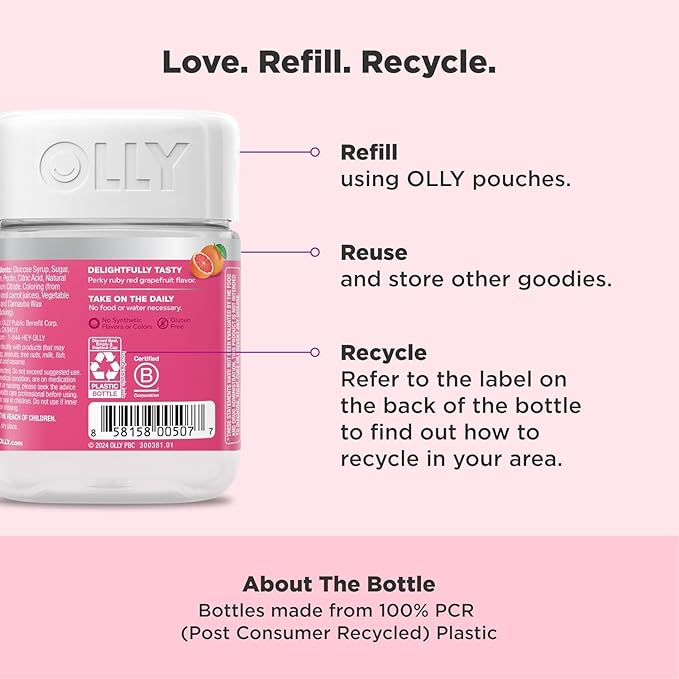 OLLY Undeniable Beauty Gummy, for Healthy Hair, Skin & Nails,* Biotin, Vitamins C & E, Keratin, Chewable Supplement, Grapefruit Flavored, 60 Day Supply - 120 Count