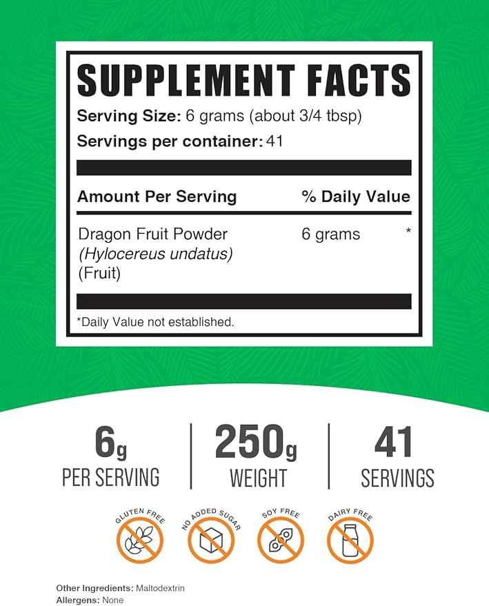 BulkSupplements.com Dragon Fruit Powder - Dragon Fruit Supplement, Pink Pitaya Powder - Gluten Free, 6g per Serving, 250g (8.8 oz) (Pack of 1)