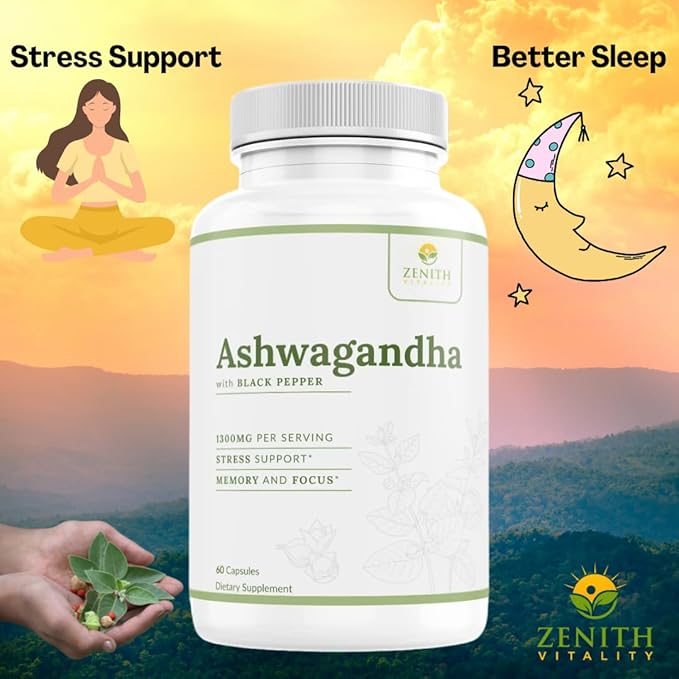 Ashwagandha 1300mg w/Black Pepper Extract, Stress & Coritsol Support, Immune Support Supplement, 60 ct