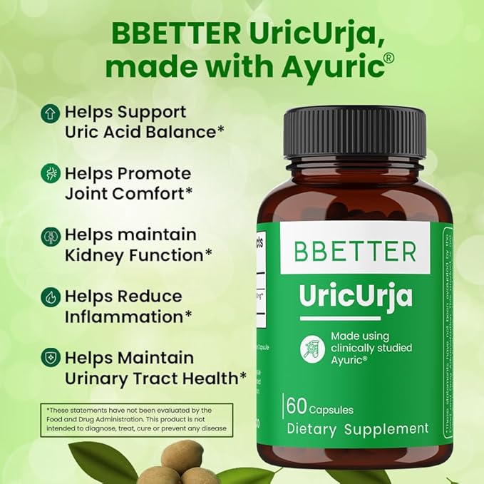 BBETTER UricUrja โ Ayurvedic Supplement Uric Acid Support โ Made Using Ayuricยฎ โ Lab-Tested Herbal Capsules -120 Capsules