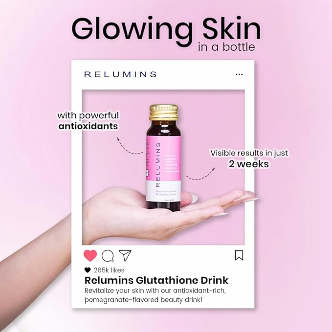 Relumins Glutathione Drink - Helps Promote Brighter and Firm Skin, Boosts Collagen Content, Moisture for a Younger Looking Skintone - Pomegranate Flavor, 50mL x 10 Gluta Shot Bottles