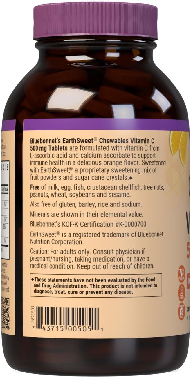 Bluebonnet Nutrition EarthSweet Vitamin C 500 mg Powerful Antioxidant Protection & Immune Health Support Supplement - Maximum Absorption - Gluten-Free, Vegan - Flavor - Chewable Tablets Orange, 90 Count (Pack of 1)