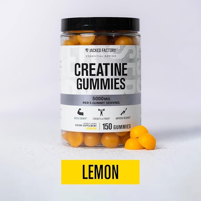 Jacked Factory Creatine Monohydrate Gummies 5g Daily Dose (1g per Gummy) - Creatine Gummy for Men and Women, Vegan-Friendly, Travel-Friendly, Third-Party Tested - 150 Gummies, Lemon