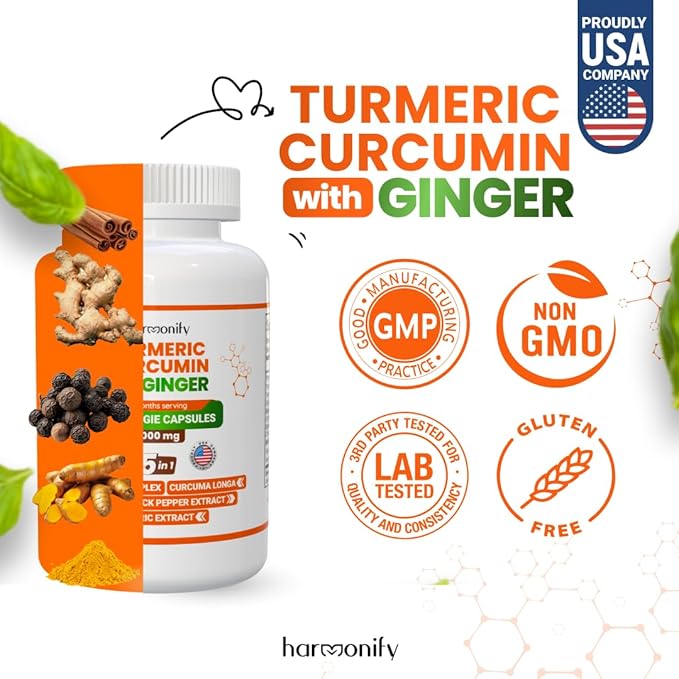 Turmeric Curcumin Supplement with Ginger, Ceylon Cinnamon and Black Pepper Complex 5 in 1 Formula, Curcuma Longa, Max Absorption, 1000 mg, 120 Herbal Extract Capsules
