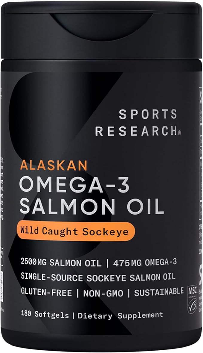 Sports Research® Salmon Oil - Single-Source Wild Alaskan Sockeye | 2500 mg per Serving w/EPA & DHA Fatty Acids | MSC Certified - 180 Count Softgels