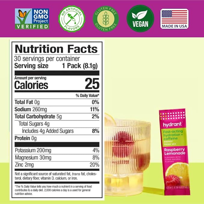 Hydrant Energy 12 Stick Pack, Caffeine & L-Theanine Rapid Hydration Mix, Electrolyte Hydration Powder Packets with Zinc (Raspberry Lemonade, 12 Count)