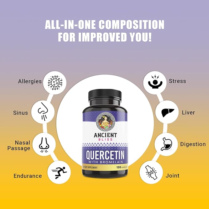 Ancient Bliss Quercetin with Bromelain | Quercetin 1000mg Bromelain 200mg per Serving | Supports Immune System, Joint Health, Respiratory Health & Overall Well-Being – 120 Capsules