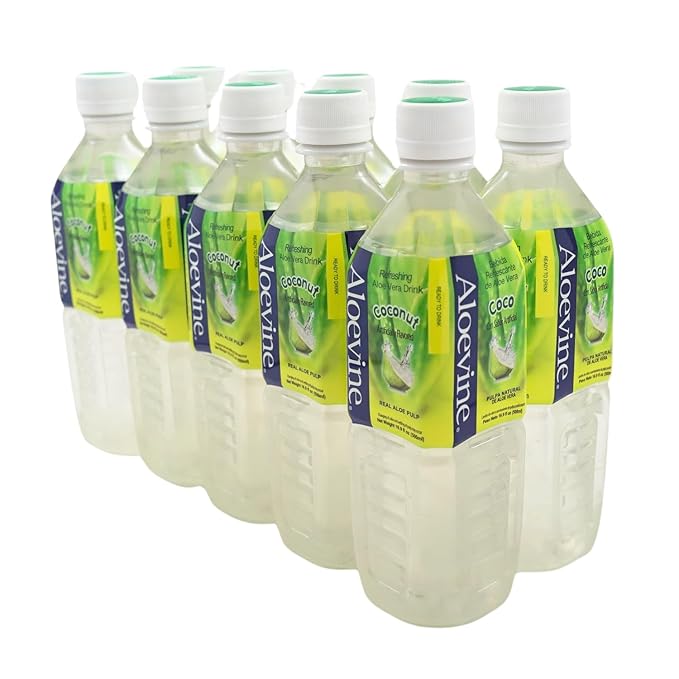 Aloevine Aloe Vera Drink Coconut healthy juice pure with chunks of aloe l 16.9 oz. 10 pack l plant based Vegetable Korean drinks