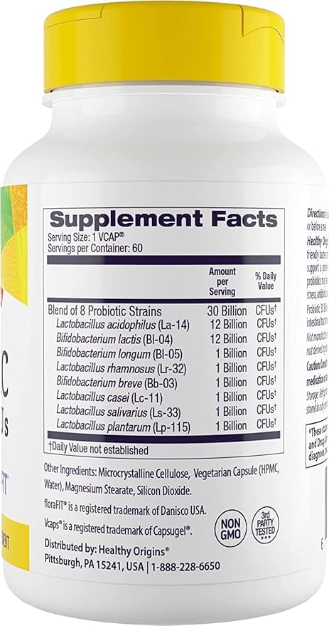 Healthy Origins Probiotic 30 Billion CFU's (Shelf Stable, Non-GMO, Gluten Free, Digestive Health, Gut Health, Immune Support), 60 Veggie Caps