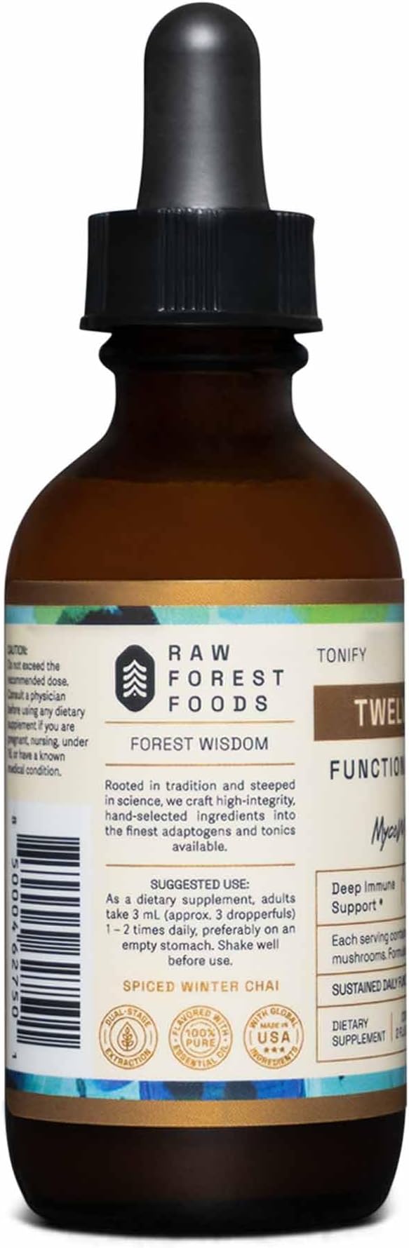 Twelve Rivers Functional Mushroom MycoMedic Elixir Tincture – 1:2 True Dual-Stage Extraction – Spiced Winter Chai – 2 Fluid Ounce Bottle