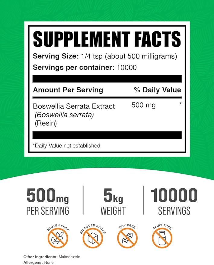 BulkSupplements.com Boswellia Serrata Extract Powder - from Frankincense Resin, Boswellia Serrata Powder - Herbal Supplement, Gluten Free, 500mg per Serving, 5kg (11 lbs) (Pack of 5)
