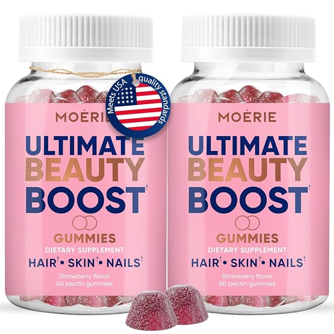 Moerie Hair Skin and Nails Gummies for Women & Men - Biotin for Hair Loss, Gummy Vitamins & Growth Dietary Supplements - Sugarbear for Thicker Hair - Allergen Free - 120 per Serving - Balanced Diet