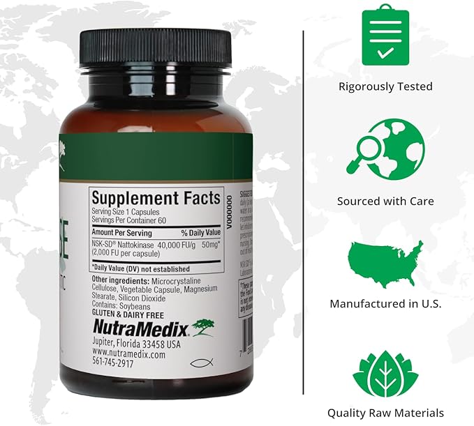 NutraMedix Nattokinase Supplement - Nattokinase 2000 FU per Serving - Formulated for to Support Heart Health and Healthy Circulation - Gluten + Dairy-Free (60 Capsules)