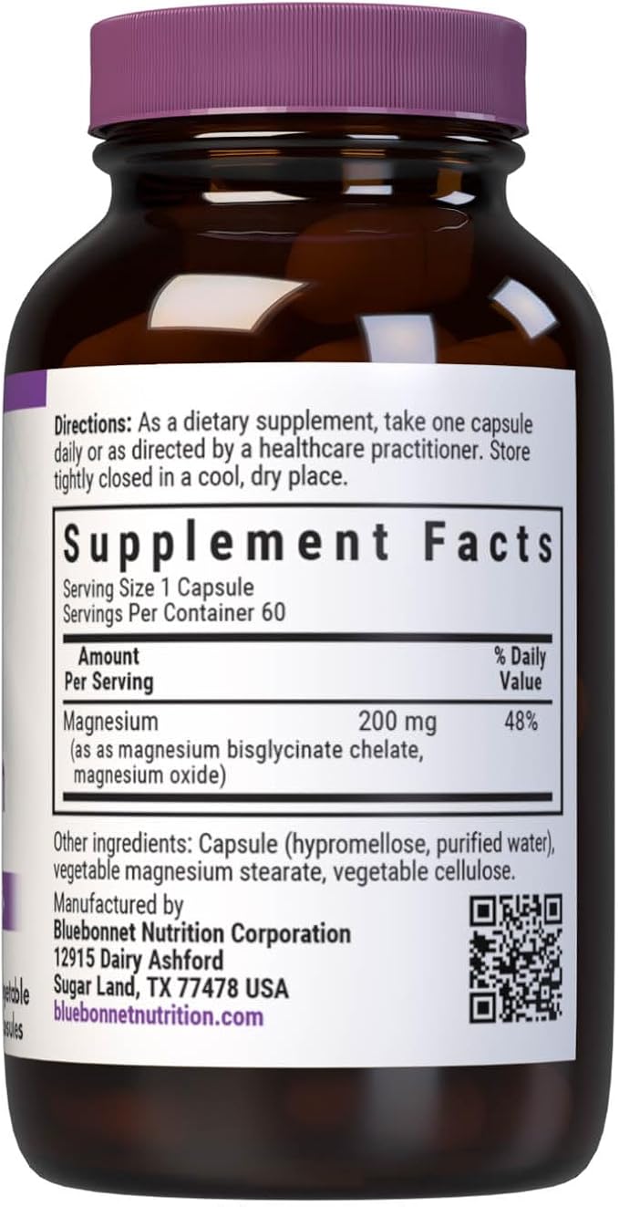 Bluebonnet Nutrition Albion Buffered Chelated Magnesium 200 mg, Magnesium Oxide, Stress Relief, Vegan, Non GMO, Gluten Free, Soy Free, Milk Free, Kosher, 60 Vegetable Capsules, 1 Month Supply