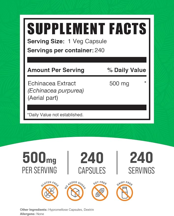 BulkSupplements.com Echinacea Extract Capsules - Echinacea Supplement, Echinacea Capsules 500mg - Immune Support, Gluten Free, 1 Capsule per Serving, 240 Capsules (Pack of 1)
