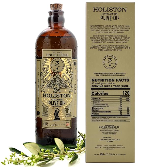 HOLISTON Limited Edition Ultra-Premium Polyphenol Rich Olive Oil Extra Virgin - Unfiltered, Antioxidant, Award Winner, Cold-Pressed, Early Harvest, Hand Picked, From Rhodes Island (500 ml, 16.9 fl oz)