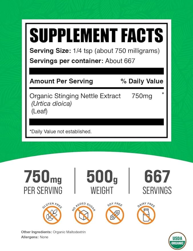 BulkSupplements.com Organic Stinging Nettle Extract - from Stinging Nettle Leaf, Nettle Supplement - Vegan & Gluten Free, 750mg per Serving, 500g (1.1 lbs) (Pack of 1)