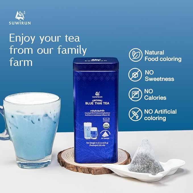 Suwirun Organic Blue Thai Tea 25 Bags β Naturally Blue Butterfly Pea Tea β Floral Aroma with Vanilla & Green Tea β Great for Hot, Iced & Milk Tea