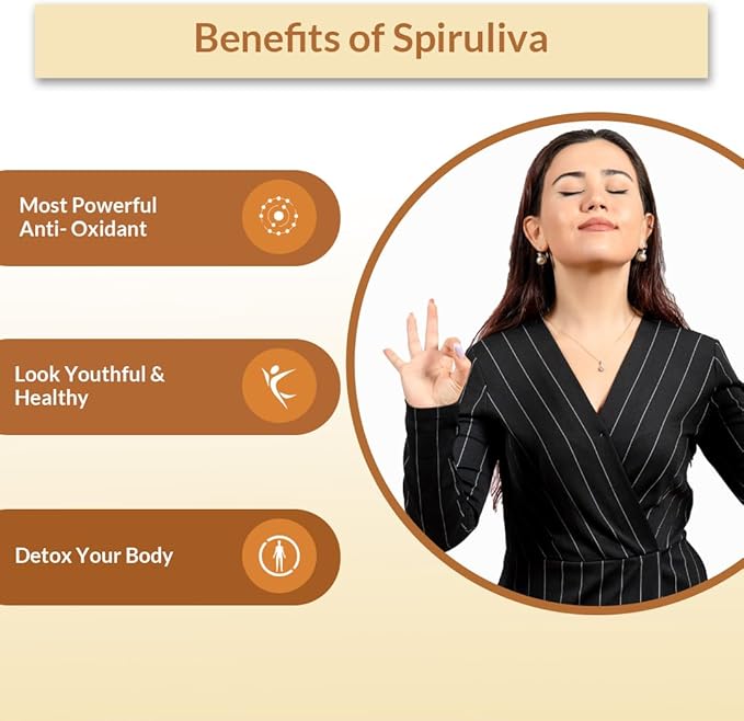Organic Spiruliva Pills with Astaxanthin - Non-GMO, Rich in Vegan Protein, Vitamins & Prebiotics - 100% Vegan Ayurveda Supplement - 160 Tablets