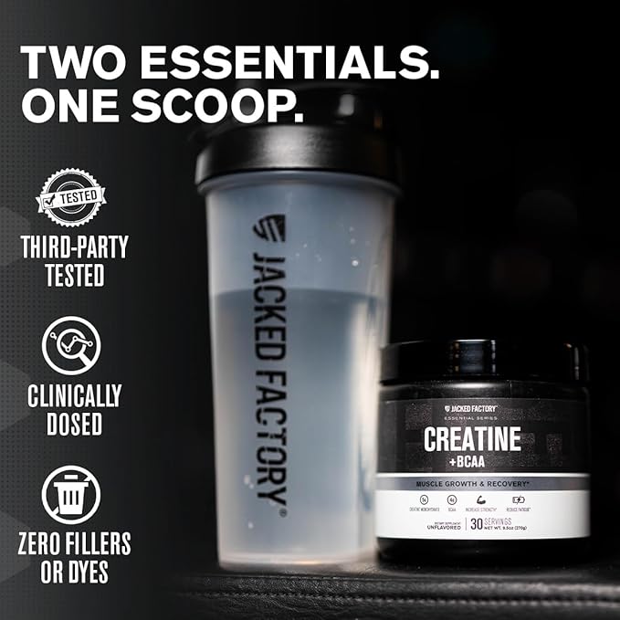 Jacked Factory Creatine + BCAAs - Creatine Monohydrate + BCAA Powder for Increased Post-Workout Recovery, Performance, Lean Muscle Growth, & Reduced Fatigue - 30 Servings, Blue Raspberry