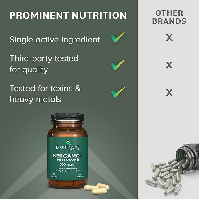 Prominent Nutrition Bergamot Phytosome, Clinically Researched Vazguard Citrus Bergamot Extract for Cholesterol and Heart Health Support, Enhanced-Absorption Supplement, 500 mg, 60 Capsules
