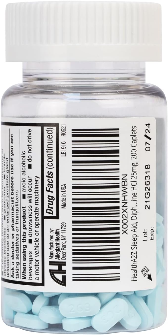 HealthA2Z Sleep Aid 200 Caplets | Diphenhydramine HCl 25mg | Regular Strength Sleeping Pills | Safe & Non-Habit-Forming