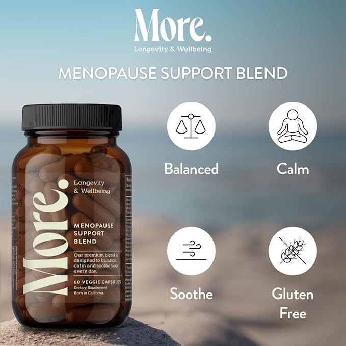 More. Longevity & Wellbeing Menopause Support Supplements for Women | Vegan, Hormone-Free & Gluten-Free | Natural Extracts for Hot Flashes, Night Sweats & Hormonal Balance – 60 Caps
