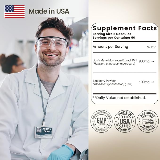 Organic Lion’s Mane Capsule: 10:1 Concentration Equals 10,000mg Mushroom, Enhanced with Blueberry for Vitality, Mental Clarity, and Concentration – 120 Plant-Based Capsules (No Tablets/Powder)