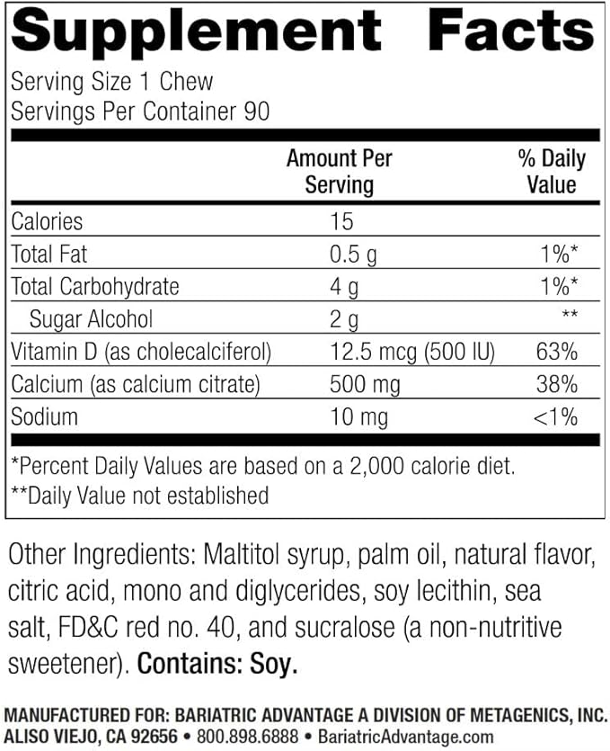 Bariatric Advantage Calcium Citrate Chewy Bites 500 mg - Highly Absorbable & Digestible - Vitamin D3 - Easily Chewable Calcium Supplement - Strawberry Flavor - 90 Count
