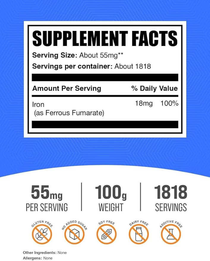 BulkSupplements.com Ferrous Fumarate Powder - Essential Mineral, Iron Supplement for Men and Women - Gluten Free, 55mg per Serving, 100g (3.5 oz) (Pack of 1)