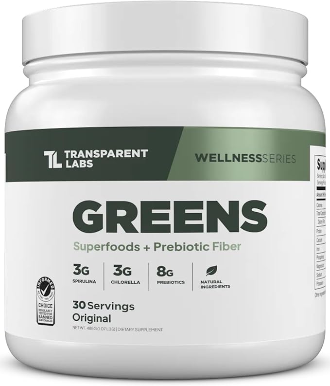 Transparent Labs Prebiotic Greens - Superfood Powder & Antioxidants Supplement with Organic Spirulina, Chloerra, Acacia, & Green Banana Powder - 30 Servings, Unflavored