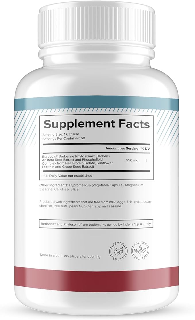 Berberine Phytosome with Berbevis, 550mg Enhanced Absorption Supplement for Metabolic Support & Heart Health, Highly Bioavailable Berberine Complex, Gluten-Free, Non-GMO, 60 Vegetarian Capsules