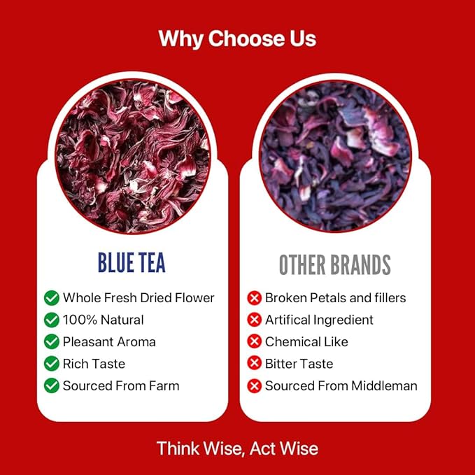 BLUE TEA - Hibiscus Tea - 1.76 Oz (50+ Cups) Loose | SKIN GLOW ENHANCING TEA | Herbal Tea - Flower Based - Non-Bitter - Caffeine Free - Tangy Flavour - Vitamin-C Rich | Pet Jar Pack