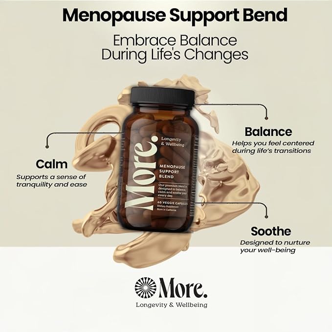 More. Longevity & Wellbeing Menopause Support Supplements for Women | Vegan, Hormone-Free & Gluten-Free | Natural Extracts for Hot Flashes, Night Sweats & Hormonal Balance – 60 Caps