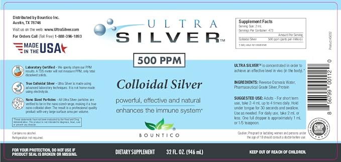 Ultra Silver® Colloidal Silver | 500 PPM, 32 Oz (946mL) | Mineral Supplement | True Colloidal Silver - 4 oz Dropper Bottle (Empty) Included for Dispensing!