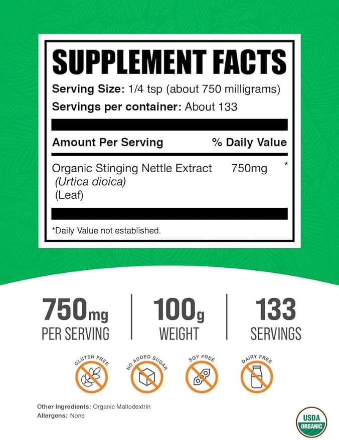BulkSupplements.com Organic Stinging Nettle Extract - from Stinging Nettle Leaf, Nettle Supplement - Vegan & Gluten Free, 750mg per Serving, 100g (3.5 oz) (Pack of 1)