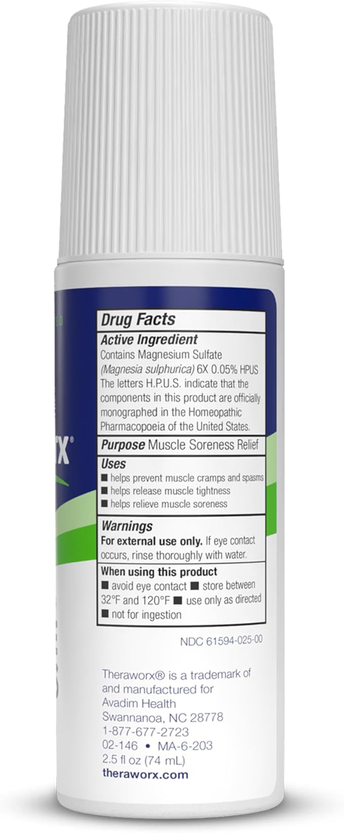 Theraworx Relief for Muscle Cramps Roll-On Fast-Acting Muscle Spasm, Leg Soreness with Magnesium Sulfate - 2.5 oz - 1 Count