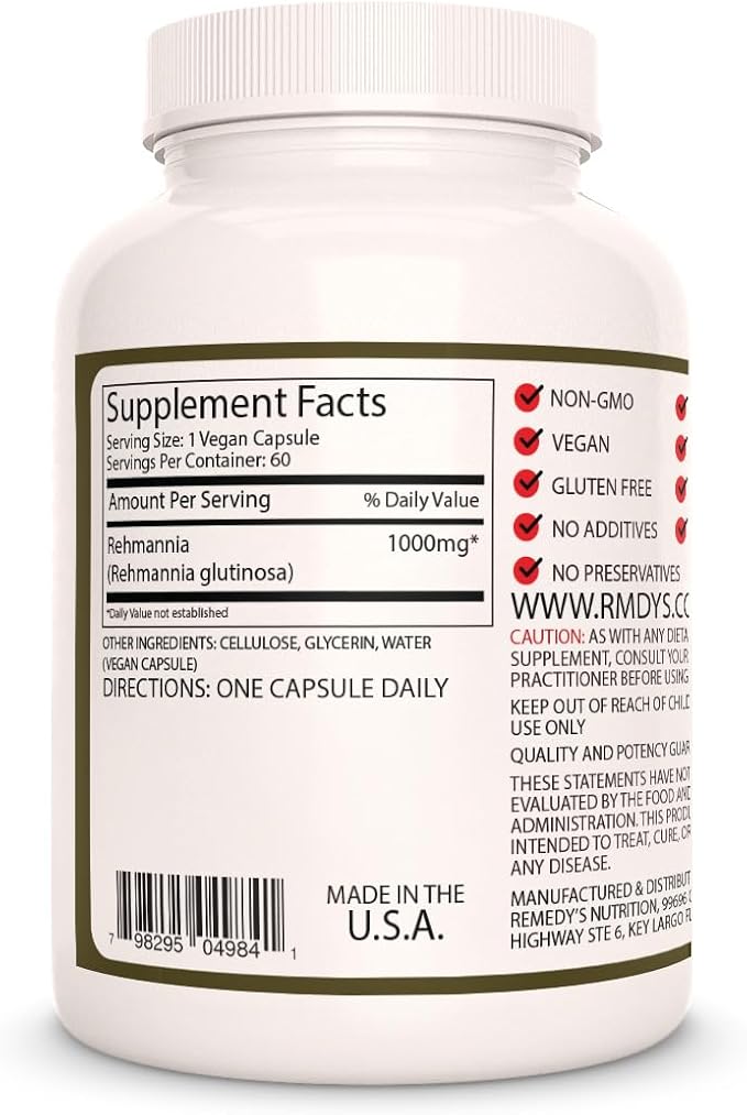 Remedy's nutrition Rehmannia Root - 1,000 mg, 60 Vegan Capsules Herbal Dietary Supplement - 2 Month Supply