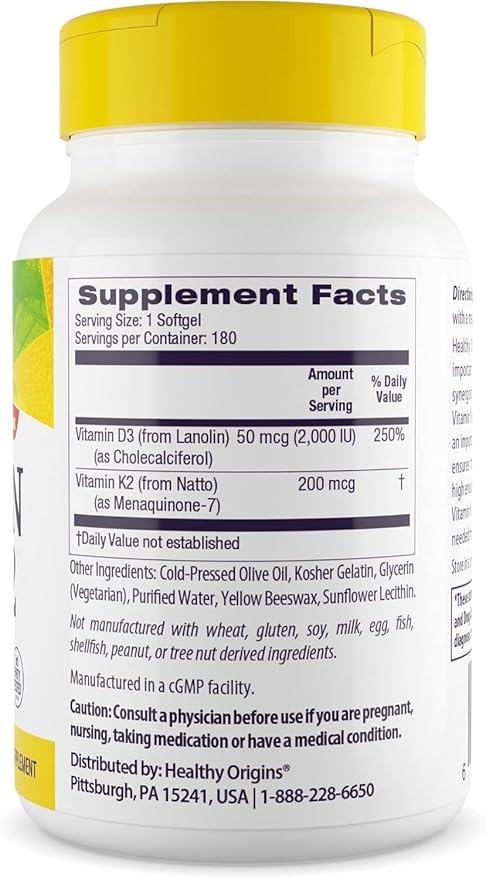 Healthy Origins Vitamin D3 2,000 IU (50 mcg) & K2 200 mcg (Non-GMO, 3rd Party Tested, Bone Support, Cardiovacsular Support), 180 Softgels