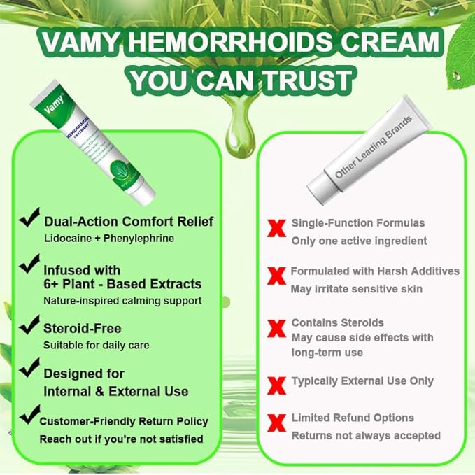 vamy Herbal Hemorrhoid Cream, Hemorrhoid Treatment and Hemorrhoids Cream with Lidocaine 4% and Phenylephrine HCI for Fast Relief of Pain, Swelling, Itching, Burning, Hemorrhoidal Treatment. 2 pc